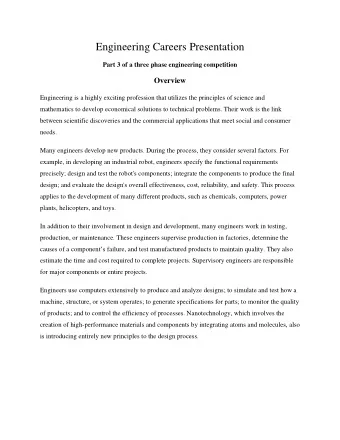 Engineering Careers Presentation  Part 3 of a three phase engineering competition  Overview