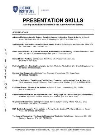 PRESENTATION SKILLS A listing of materials available at the Justice Institute Library GENERAL BOOKS