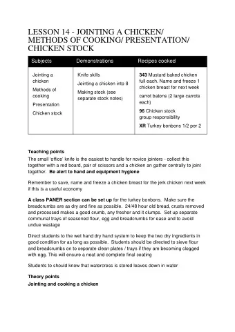 LESSON 14 - JOINTING A CHICKEN/  METHODS OF COOKING/ PRESENTATION/  CHICKEN STOCK  Subjects