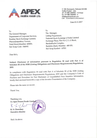 Apex Frozen Foods Limited  H1FY18  Safe Harbor This presentation and the accompanying slides (the