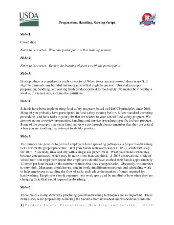Preparation, Handling, Serving Script  Slide 1:  Cover slide  Notes to instructor:  Welcome