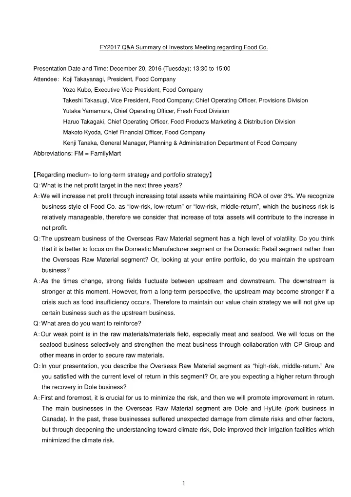 fy2017 q a summary of investors meeting regarding food co