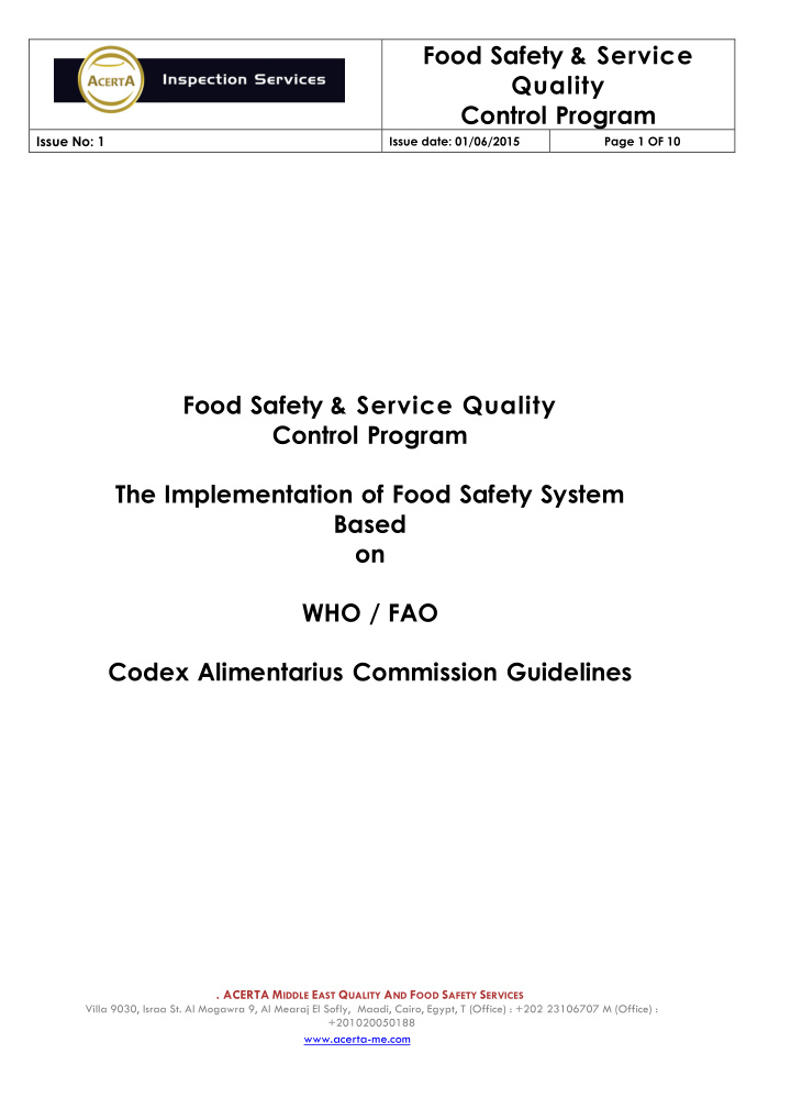 food safety service quality control program