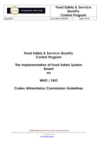 Food Safety &amp; Service  Quality  Control Program  Issue No: 1  Issue date: 01/06/2015  Page 1 OF