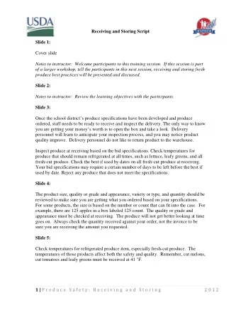 Receiving and Storing Script  Slide 1:  Cover slide  Notes to instructor:  Welcome participants to
