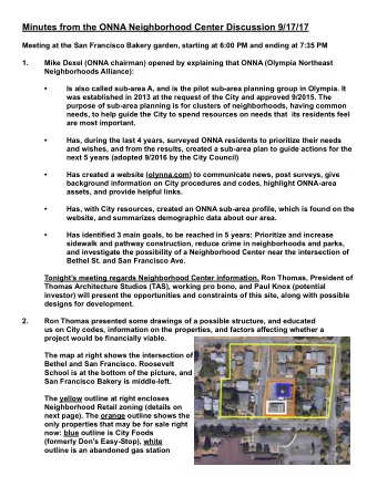 Minutes from the ONNA Neighborhood Center Discussion 9/17/17  Meeting at the San Francisco Bakery