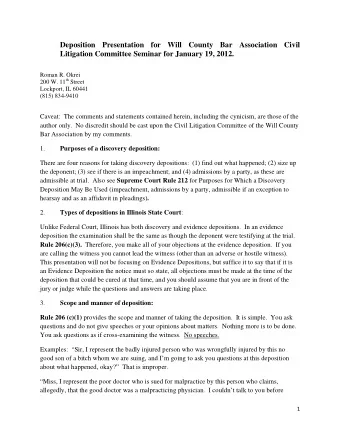 Deposition Presentation for Will County Bar Association Civil  Litigation Committee Seminar for