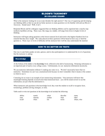 BLOOMS TAXONOMY  IN COLLEGE EXAMS  What is the instructor looking for on an exam (besides the