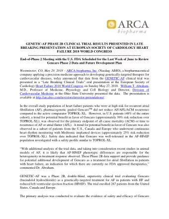 GENETIC-AF PHASE 2B CLINICAL TRIAL RESULTS PRESENTED IN LATE  BREAKING PRESENTATION AT EUROPEAN