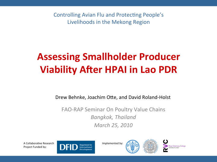 assessing smallholder producer viability a7er hpai in lao