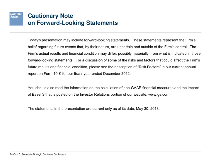cautionary note on forward looking statements