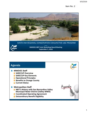 Subject Introduction  MWDOCMET Joint Workshop Board Meeting  September 5, 2018  Agenda  MWDOC