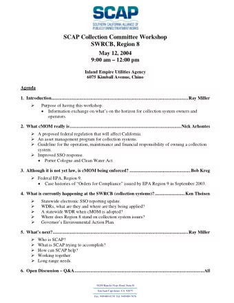 SCAP Collection Committee Workshop SWRCB, Region 8  May 12, 2004 9:00 am  12:00 pm  Inland
