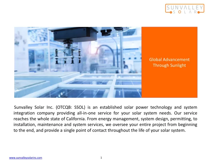 global advancement through sunlight sunvalley solar inc