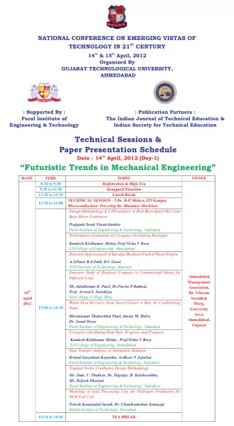 Futuristic Trends in Mechanical Engineering  DATE  Dr. Vikram  Technical Sessions &amp;