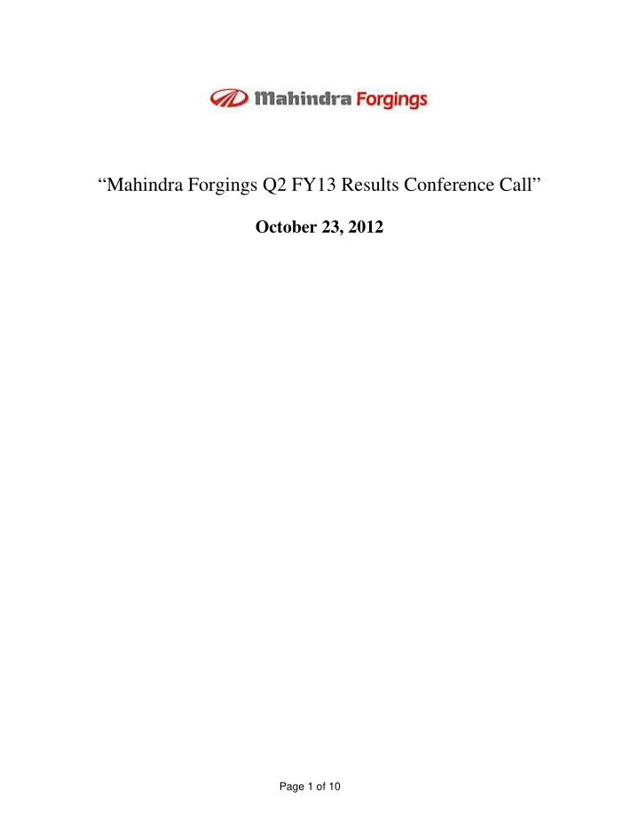 mahindra forgings q2 fy13 results conference call october