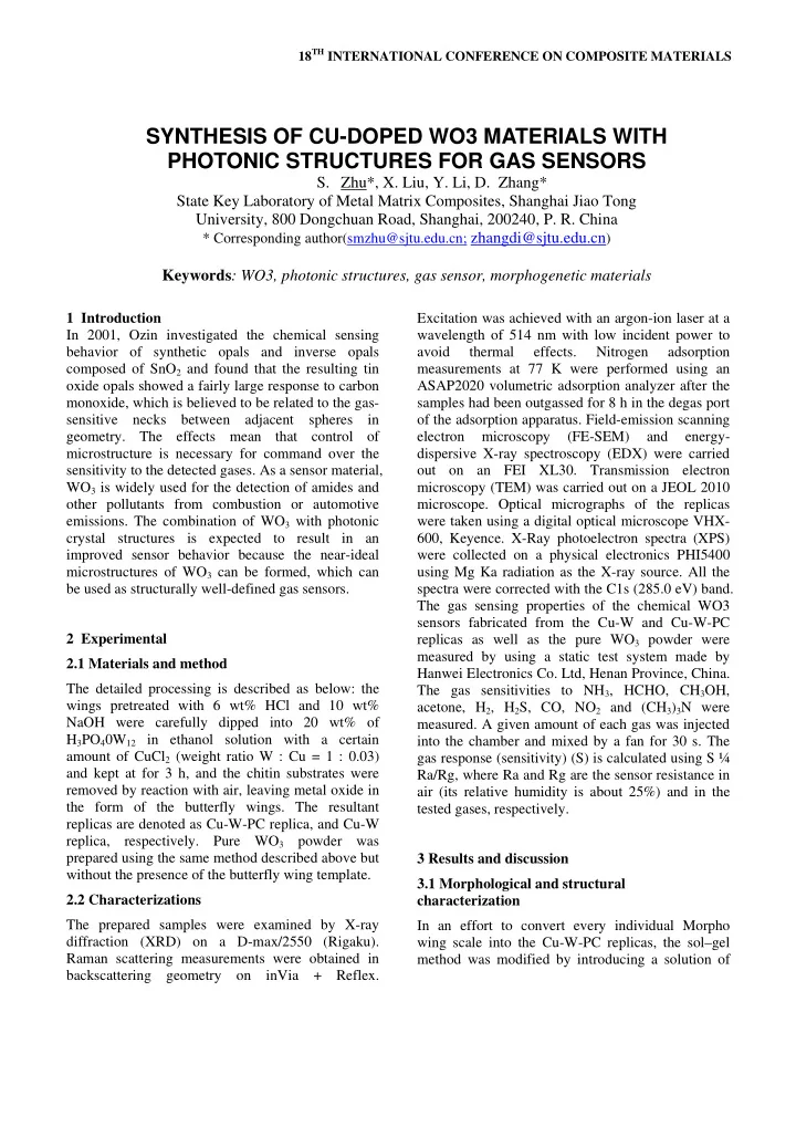 synthesis of cu doped wo3 materials with