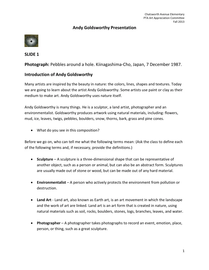 andy goldsworthy presentation slide 1 photograph pebbles