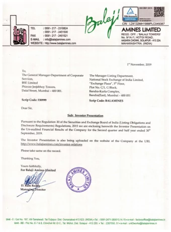 Sub:  Investor Presentation  Pursuant to the Regulation 30 of the Securities and Exchange Board of