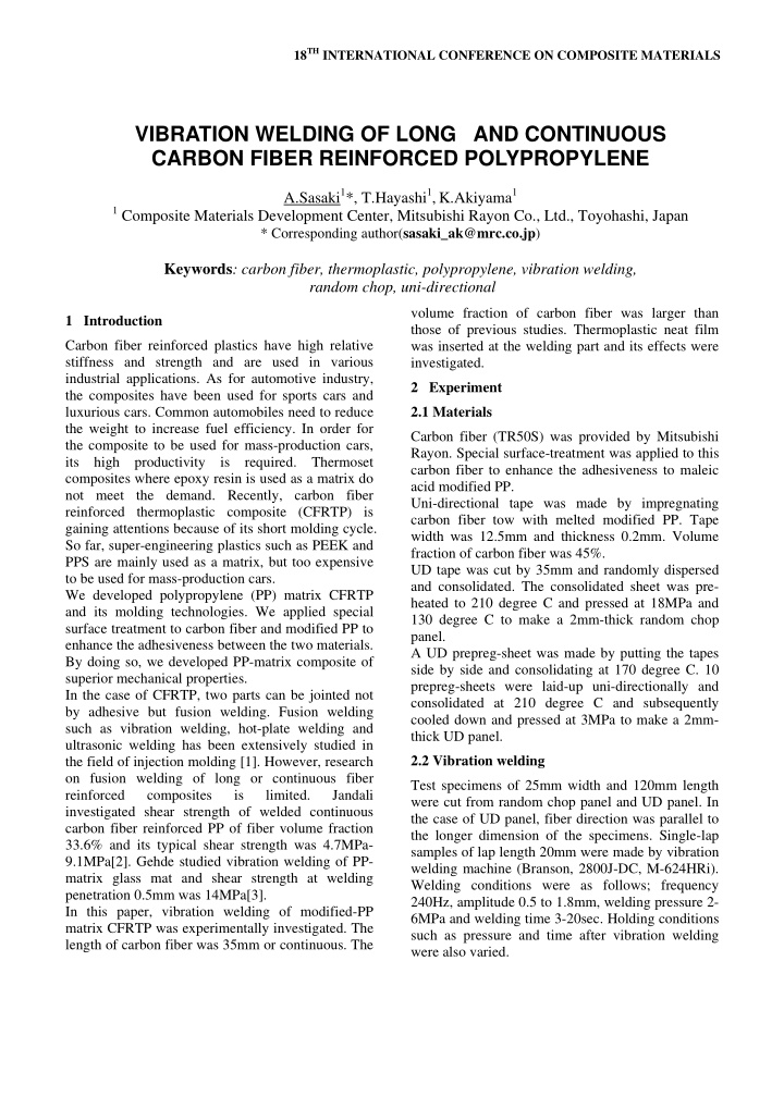 vibration welding of long and continuous carbon fiber