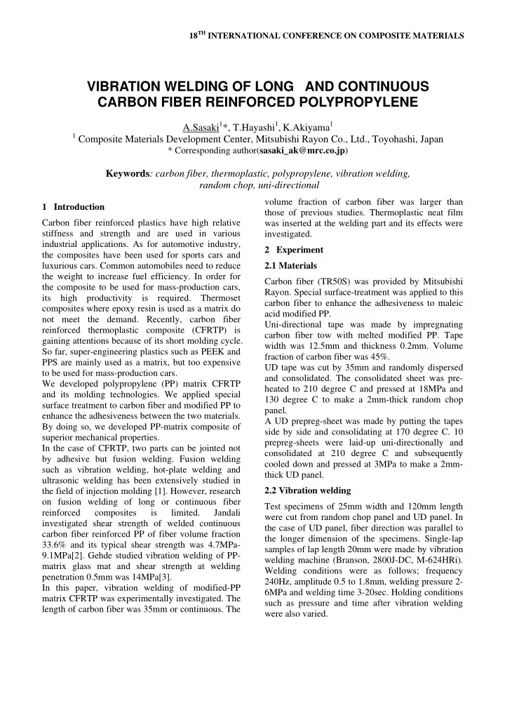 vibration welding of long and continuous carbon fiber