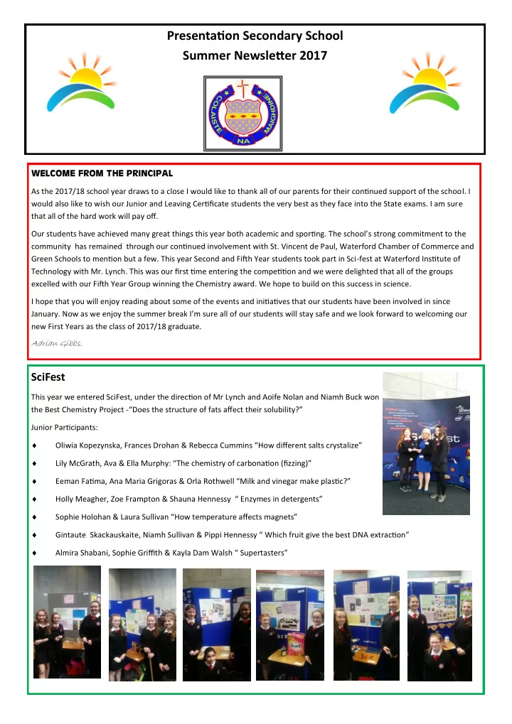 presentatjon secondary school summer newsletuer 2017