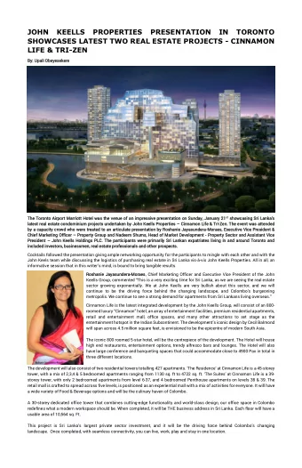 JOHN  KEELLS  PROPERTIES  PRESENTATION  IN  TORONTO  SHOWCASES LATEST TWO REAL ESTATE PROJECTS -