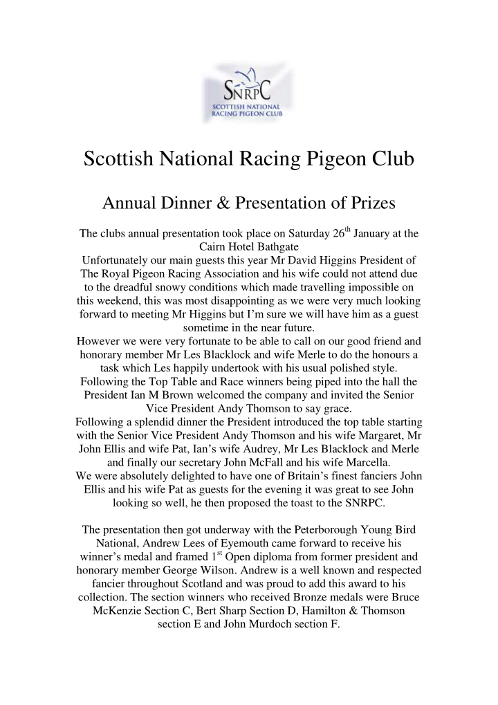 scottish national racing pigeon club