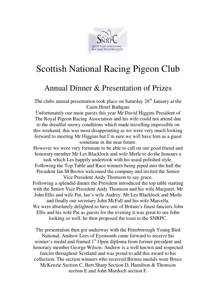 scottish national racing pigeon club