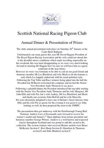 Scottish National Racing Pigeon Club  Annual Dinner &amp; Presentation of Prizes The clubs annual