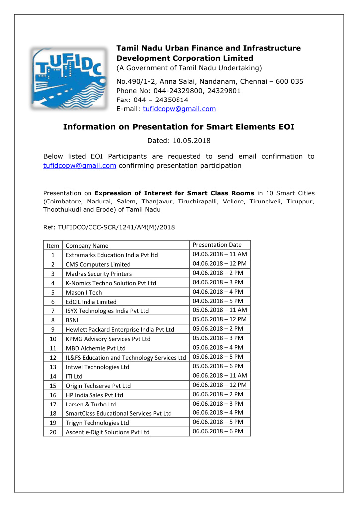 information on presentation for smart elements eoi