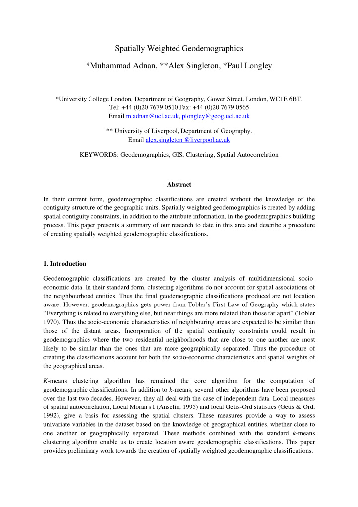 spatially weighted geodemographics muhammad adnan alex