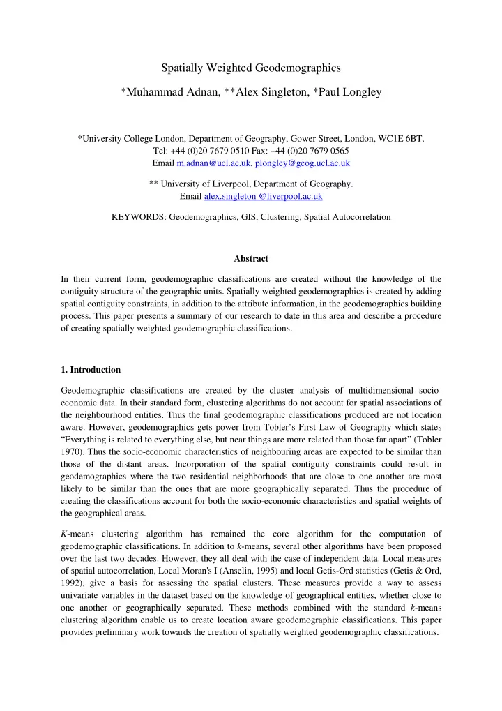 spatially weighted geodemographics muhammad adnan alex