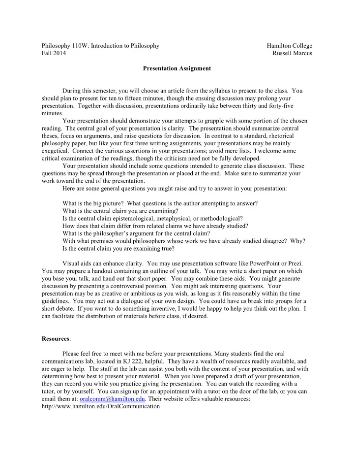 philosophy 110w introduction to philosophy hamilton