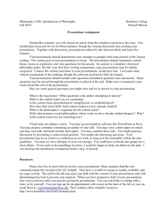 Philosophy 110W: Introduction to Philosophy  Hamilton College  Fall 2014  Russell Marcus