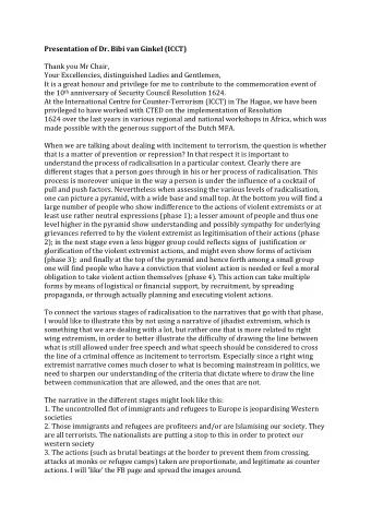 Presentation of Dr. Bibi van Ginkel (ICCT)  Thank you Mr Chair,  Your Excellencies, distinguished