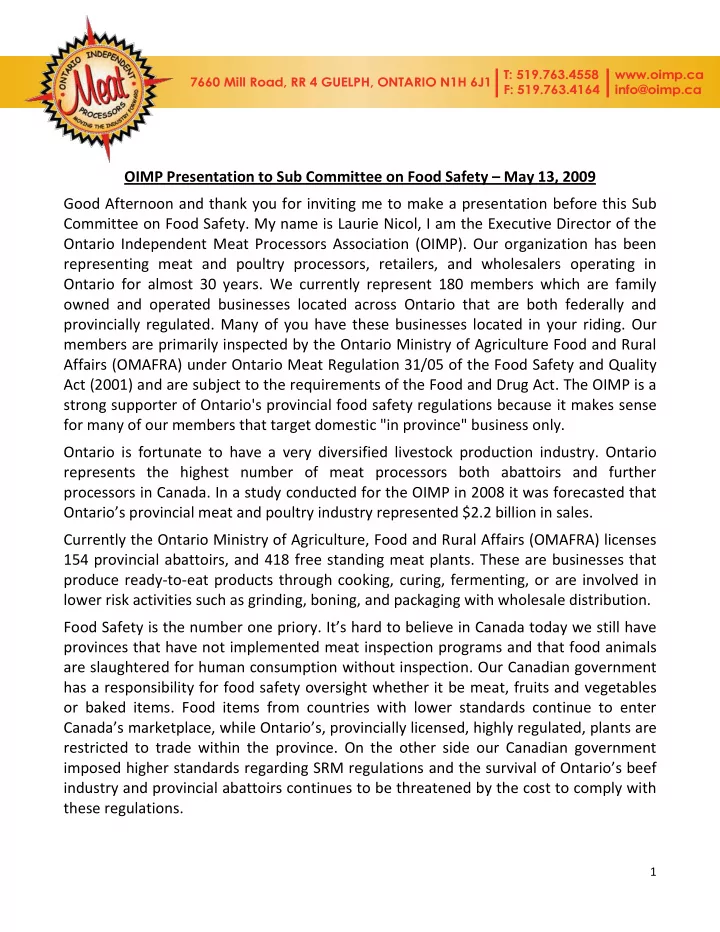 oimp presentation to sub committee on food safety may 13