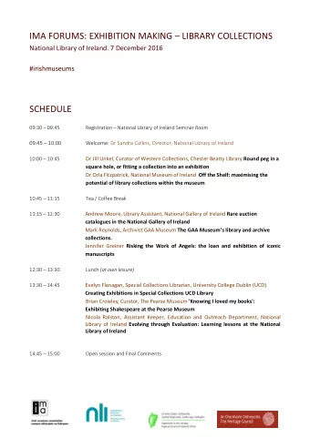 IMA FORUMS: EXHIBITION MAKING  LIBRARY COLLECTIONS  National Library of Ireland. 7 December 2016