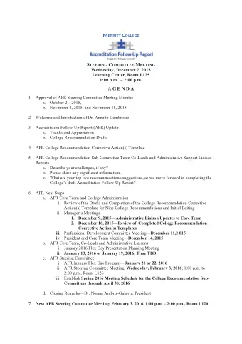 M ERRITT C OLLEGE S TEERING C OMMITTEE M EETING  Wednesday, December 2, 2015  Learning Center, Room