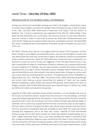 Leeds T  s Time  imes - Satu  Saturday  rday 29 Ma  May 1869 PRESENTATION OF THE WOMEN'S MIALL