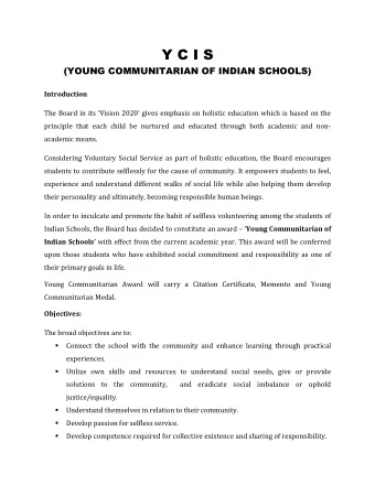 Y C I S  (YOUNG COMMUNITARIAN OF INDIAN SCHOOLS)  Introduction  The Board in its Vision 2020