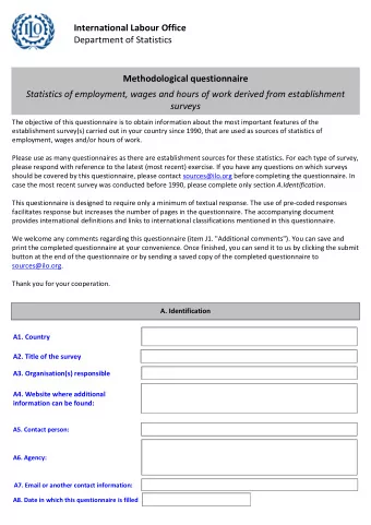 International Labour Office  Department of Statistics  Methodological questionnaire  Statistics of