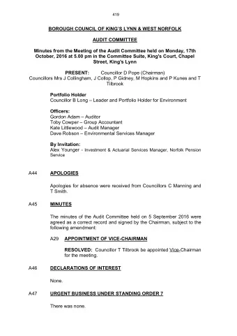 BOROUGH COUNCIL OF KINGS LYNN &amp; WEST NORFOLK  AUDIT COMMITTEE  Minutes from the Meeting of