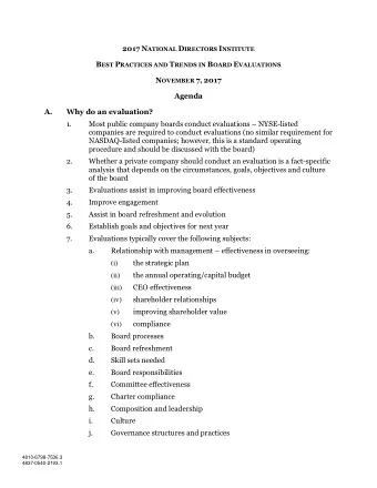 N OVEMBER 7, 2017  Agenda  A.  Why do an evaluation?  1.  Most public company boards conduct