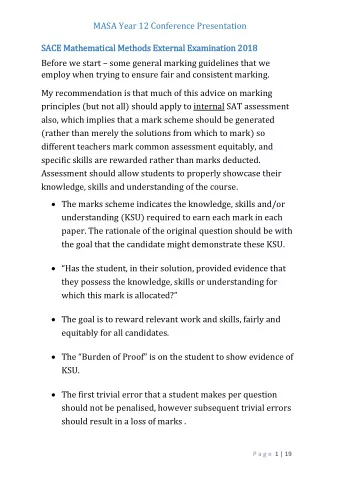 MASA Year 12 Conference Presentation  SACE Math  athemati  tical  al Meth  thods Exte  tern  rnal