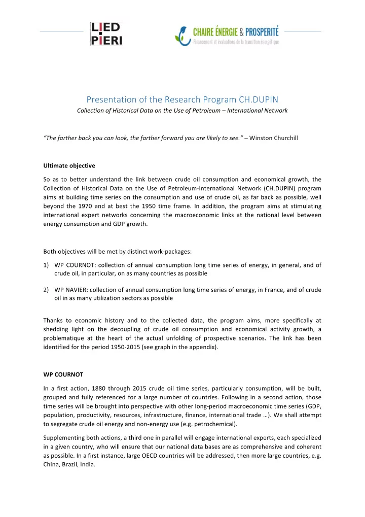presentation of the research program ch dupin