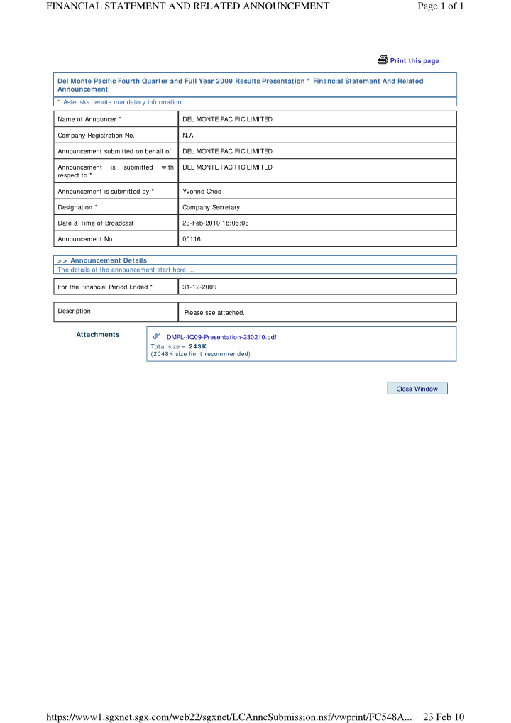 financial statement and related announcement page 1 of 1