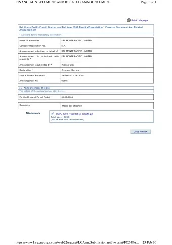 FINANCIAL STATEMENT AND RELATED ANNOUNCEMENT  Page 1 of 1 Print this page  Del Monte Pacific Fourth