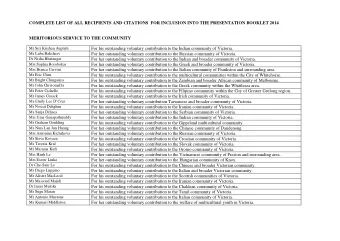 COMPLETE LIST OF ALL RECIPIENTS AND CITATIONS  FOR INCLUSION INTO THE PRESENTATION BOOKLET 2014