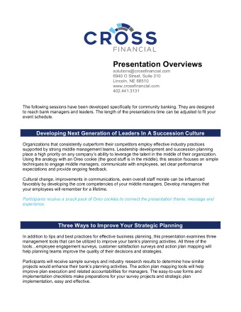 Presentation Overviews  solutions@crossfinancial.com  6940 O Street, Suite 310  Lincoln, NE 68510